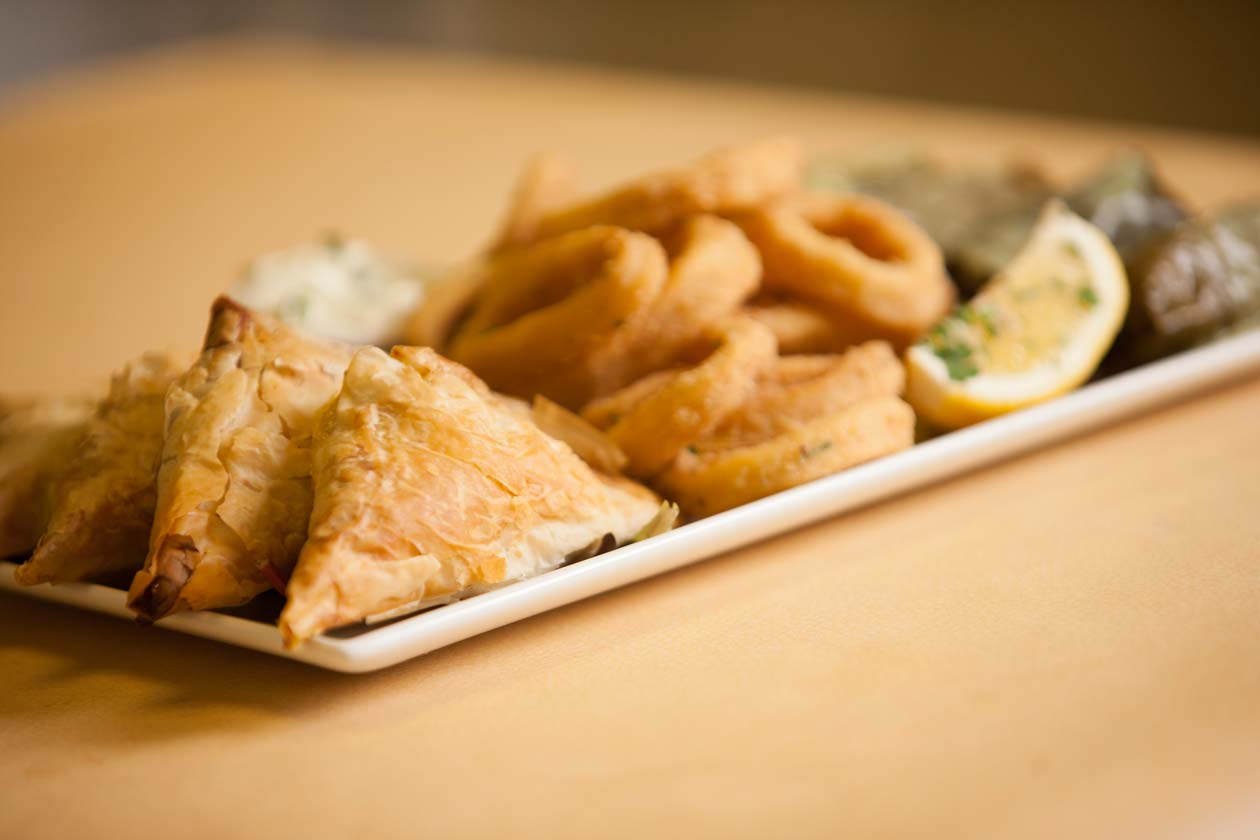 Combination Platter Appetizer- dolmades, spanakopita and calamari