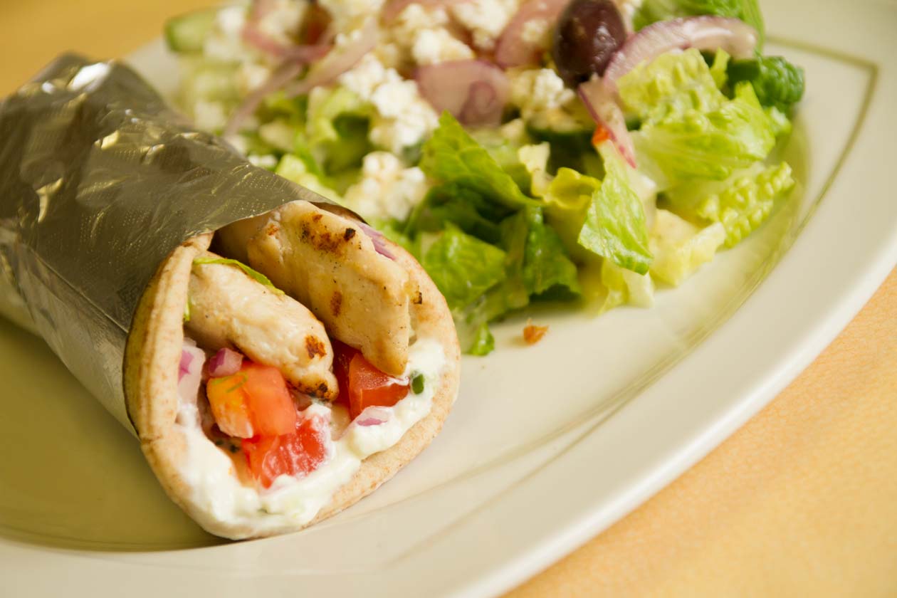 Chicken Souvlaki in a pita with a greek salad