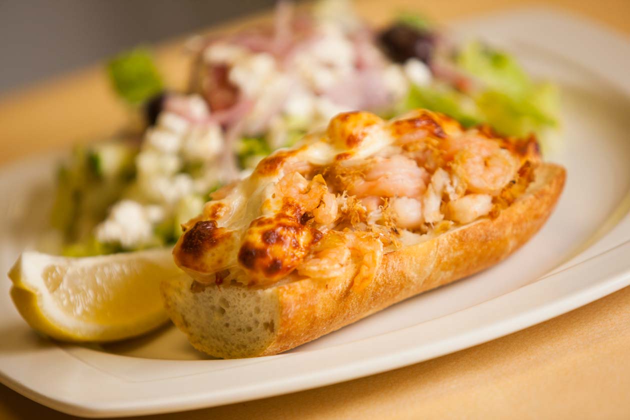 Seafood Melt with a greek salad